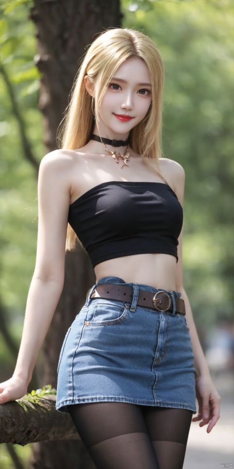  best quality, masterpiece, cowboy_shot,(Good structure), DSLR Quality,Depth of field,kind smile,looking_at_viewer,Dynamic pose,
 1girl, 3d, bare_shoulders, belt, blurry, blurry_background, blurry_foreground, branch, , , , collarbone, cosplay_photo, denim, denim_skirt, depth_of_field, , lips, long_hair, looking_at_viewer, midriff, miniskirt, motion_blur, navel, outdoors, photo_\(medium\), realistic, skirt, solo, standing, tree, , , , blackpantyhose, , , , qianrenxue,blond_hair