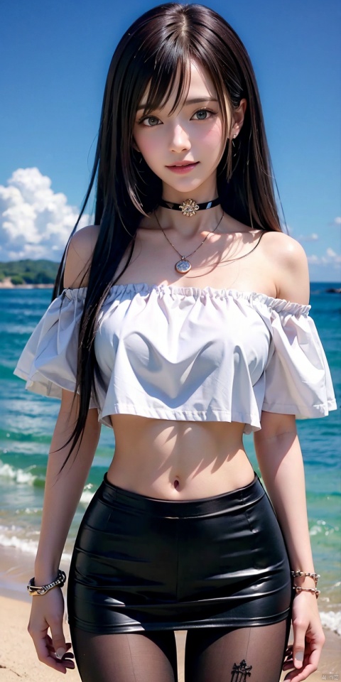  nai3, 1girl, solo, crop top, choker, miniskirt , navel, shirt, midriff, crop top overhang, looking at viewer, white shirt, jewelry, breasts, cowboy shot, bare shoulders, off-shoulder shirt, off shoulder, black choker, thighs, stomach, hand on own thigh, long hair, bracelet, short sleeves, ribbon, hand up, collarbone, hair ribbon, medium breasts, standing, , , bra strap, kind smile, hair ornament, thigh gap, bangs, necklace, expressionless,,blackpantyhose, , Dynamic pose,, , , , linghua,Blue sky, white clouds, beach