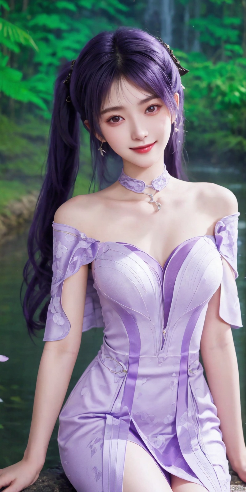  best quality, masterpiece, cowboy_shot,(Good structure), DSLR Quality,Depth of field,kind smile,looking_at_viewer,Dynamic pose, 
1girl, solo, long hair, breasts, looking at viewer, bangs,   hair ornament, dress, ribbon,  , bare shoulders, twintails, jewelry, medium breasts, sitting, very long hair, purple eyes, collarbone, hair ribbon, purple hair, flower, thighs, earrings, outdoors, parted lips, sleeveless, choker, hand up, hair flower, water,  white dress, bare arms, petals,  , sleeveless dress, black choker, short dress, frilled dress, white flower, purple ribbon, spaghetti strap,
 ,purple_hair, , jiziyue,red dress