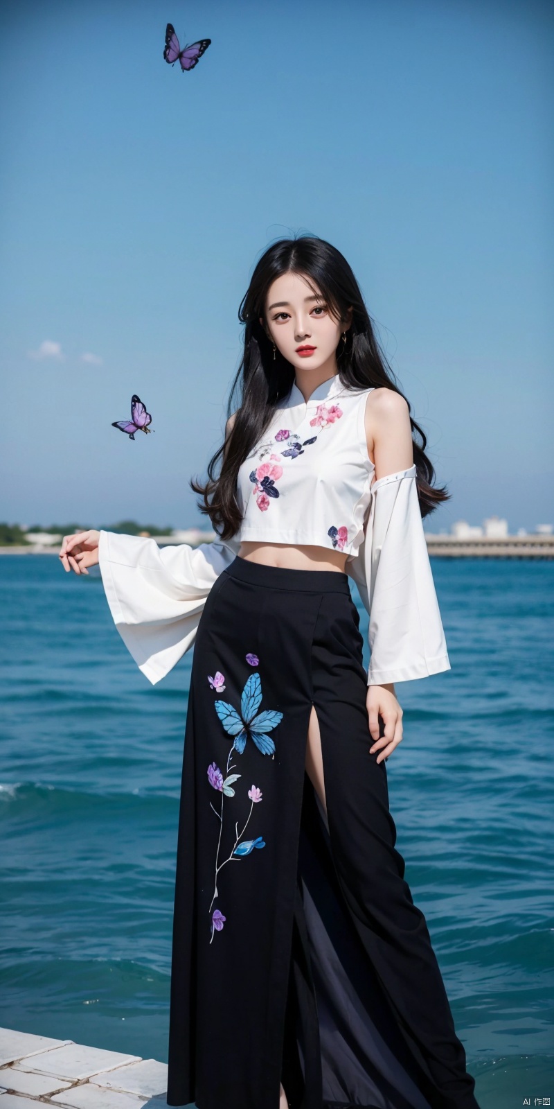  line art,line style,as style,best quality,masterpiece, The image features a beautiful anime-style illustration of a young woman. She has long black hair and is dressed in a traditional Chinese outfit. The outfit consists of a white top with blue and purple accents, a long skirt, and a butterfly-shaped mirror in her hand. She stands against a backdrop of a clear blue sky and a body of water, with butterflies fluttering around her. AI painting pure tag structure: anime, art, illustration, traditional clothes, blue, white, long hair, black hair, butterfly, mirror, sky, water, dililengba