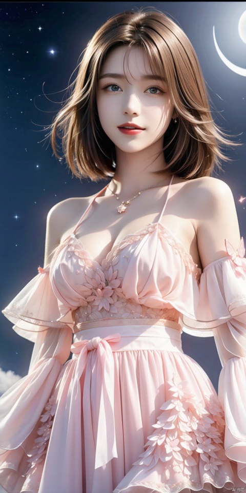  cowboy shot,(Good structure), DSLR Quality,Depth of field,kind smile,looking_at_viewer,Dynamic pose,,1girl, bare_shoulders, bug, butterfly, cleavage, cloud, crescent_moon, full_moon, hair_ornament, lips, long_hair, looking_at_viewer, medium_breasts, moon, moonlight, night, night_sky, red_lips, kneeling, sky, solo, star_\(sky\), starry_sky, sun,,,,, youna,short hair,brown hair