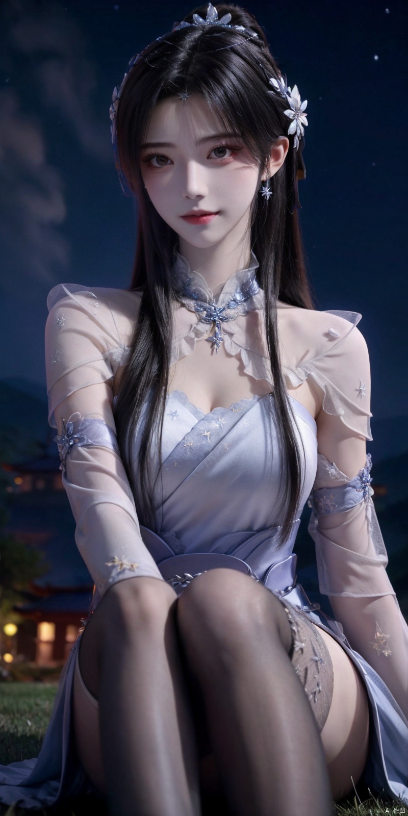  best quality, masterpiece, ,(Good structure), DSLR Quality,Depth of field,kind smile,looking_at_viewer,Dynamic pose, realistic ,
On the mountaintop, you can see the starry sky, and a beautiful girl is sitting on the grass. It is a masterpiece of a master, with stunning beauty, eye close-up, natural beauty, long legs, and short skirt, ,blackpantyhose, xiaqingyue