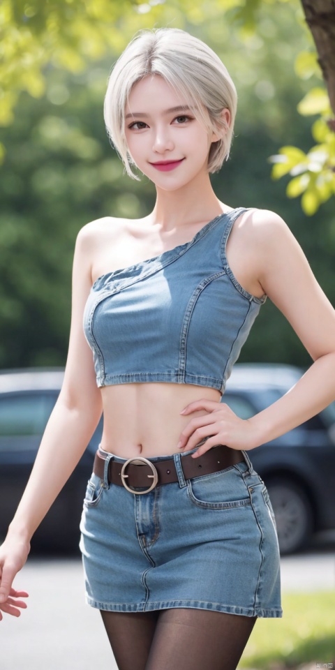 best quality, masterpiece, realistic,cowboy_shot,(Good structure), DSLR Quality,Depth of field,kind smile,looking_at_viewer,Dynamic pose, 
 1girl, 3d, bare_shoulders, belt, blurry, blurry_background, blurry_foreground, branch, , , , collarbone, *******_photo, denim, denim_skirt, depth_of_field, , lips, long_hair, looking_at_viewer, midriff, miniskirt, motion_blur, navel, outdoors, photo_\(medium\), realistic, skirt, solo, standing, tree, , , , blackpantyhose, , , , , , , ,  ,jiuhuangnv,white_hair,short_hair