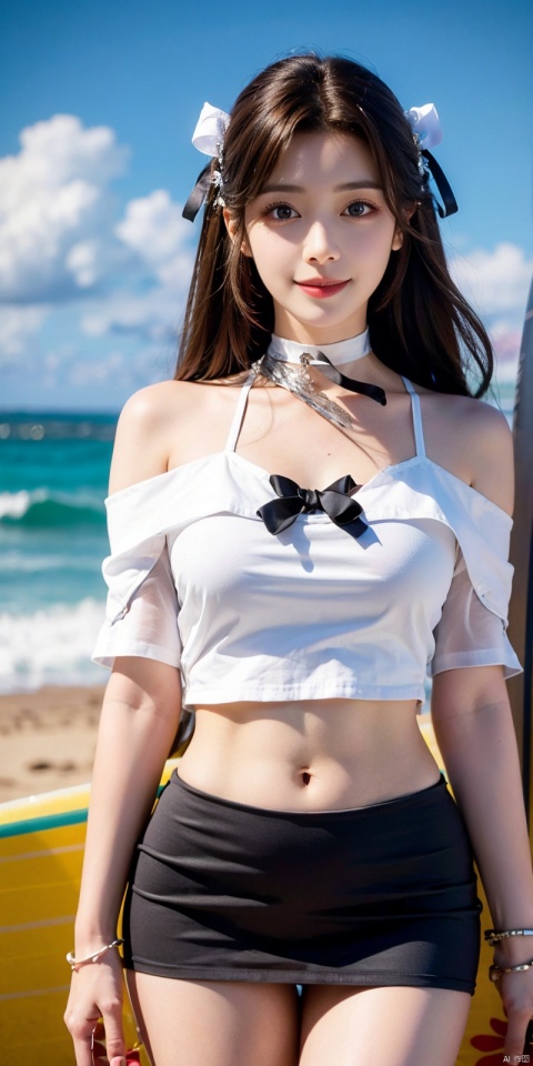cowboy_shot,(Good structure), DSLR Quality,Short skirt,Blue sky, white clouds,(( surf,ocean,Surfboard, waves)),nai3, 1girl, solo, crop top, , choker, navel, shirt, midriff, crop top overhang, looking at viewer, white shirt, jewelry, breasts, bare shoulders, off-shoulder shirt, off shoulder, black choker, thighs, stomach, long hair, bracelet, short sleeves, ribbon, hand up, collarbone, hair ribbon, medium breasts, , bra strap, , hair ornament, thigh gap, necklace, expressionless, , ,kind smile, ,, huolinger