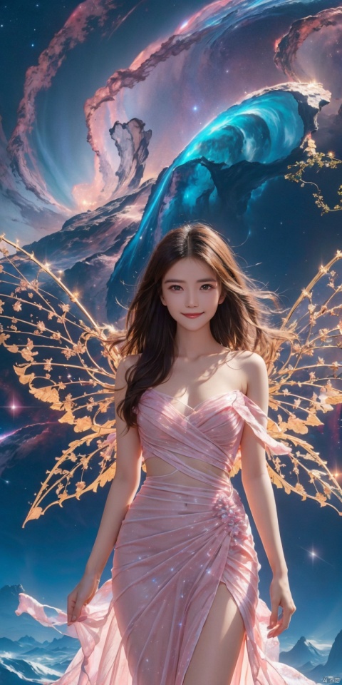  (Good structure), DSLR Quality,Depth of field,kind smile,looking_at_viewer,Dynamic pose, 1girl, wings, solo, nebula wings, , long hair, navel, dress, pink wings, looking at viewer, star \(sky\), , , bare shoulders, sky, starry sky, collarbone, realistic, nebula,,, , xuancaiqun, , , yuanyuan