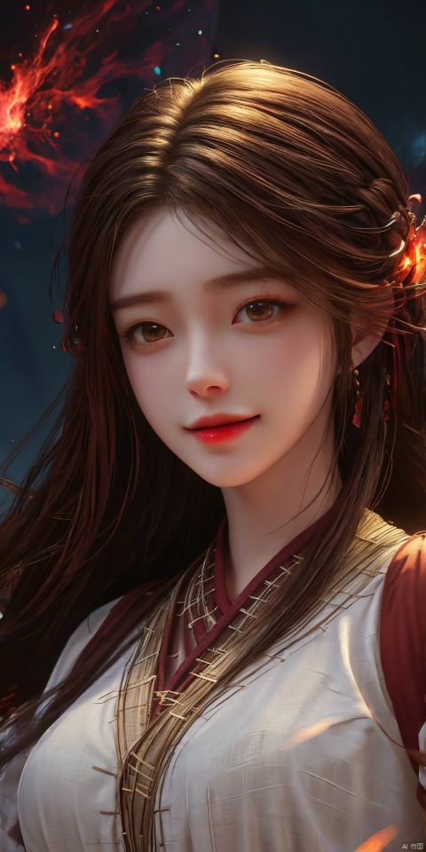  kind smile,looking_at_viewer,masterpiece, 1 girl, Look at me, Long hair, Flame, A magical scene, glowing, Floating hair, realistic, Nebula, An incredible picture, The magic array behind it, Stand, textured skin, super detail, best quality, , huolinger,dress, 1girl, qingyi, yunxi