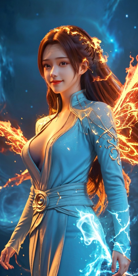  masterpiece, 1 girl, Look at me, Long hair, Flame, A magical scene, glowing, Floating hair, realistic, Nebula, An incredible picture, The magic array behind it, Stand, textured skin, super detail, best quality, r,dress, yunyun, ((poakl)),looking_at_viewer,kind smile,Dynamic pose,wings