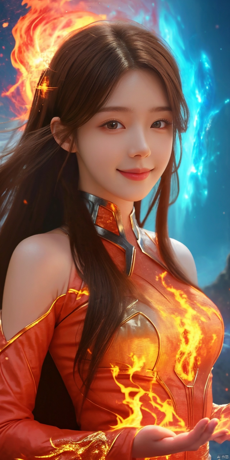 ,kind smile,looking_at_viewer,masterpiece, 1 girl, Look at me, Long hair, Flame, A magical scene, glowing, Floating hair, realistic, Nebula, An incredible picture, The magic array behind it, Stand, textured skin, super detail, best quality, , huolinger,dress, 1girl