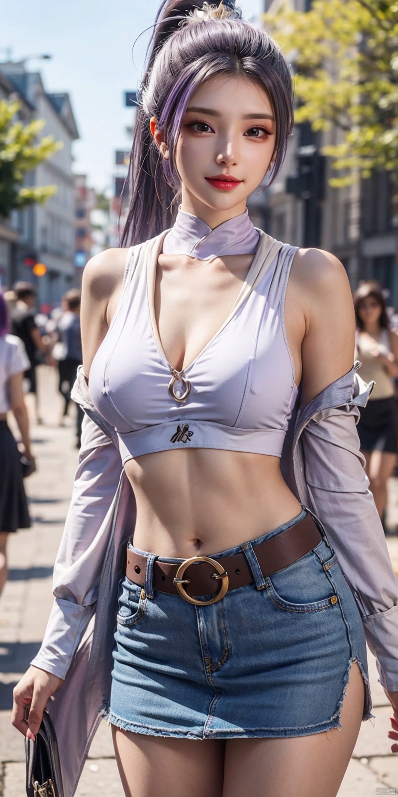  best quality, masterpiece, cowboy_shot,(Good structure), DSLR Quality,Depth of field,kind smile,looking_at_viewer,Dynamic pose,
 1girl, 3d, bare_shoulders, belt, blurry, blurry_background, blurry_foreground, branch, , , , collarbone, cosplay_photo, denim, denim_skirt, depth_of_field, , lips, long_hair, looking_at_viewer, midriff, miniskirt, motion_blur, navel, outdoors, photo_\(medium\), realistic, skirt, solo, standing, tree, , , , , hanyue, high ponytail, purple hair,