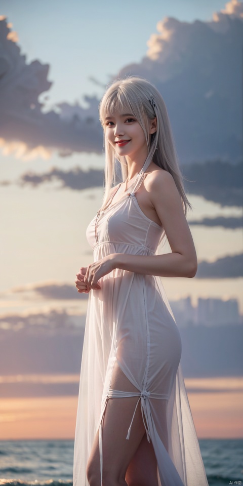  best quality, masterpiece, realistic, ,(Good structure), DSLR Quality,Depth of field,kind smile,looking_at_viewer,Dynamic pose, 
1girl, solo, looking at viewer, , ,, , bangs,  , dress, ribbon, bare shoulders,  , standing, collarbone,  outdoors, sky, sleeveless, cloud, signature, blunt bangs, water, white dress, bare arms, black ribbon, sleeveless dress, ocean, sunlight, wading, sunset, skirt hold, sun, horizon, sundress, see-through silhouette,  , xiaoyixian,(white hair)
