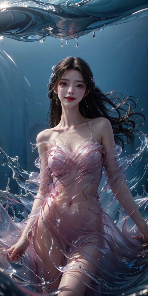  best quality, masterpiece, cowboy_shot,(Good structure), DSLR Quality,Depth of field,kind smile,looking_at_viewer,Dynamic pose, 
(ice art, translucent forms, ephemeral beauty, crystalline textures, delicate craftsmanship, chilling allure),sea,wave,liquid clothes,dress, water dress,,pose for picture,long_hair,kind smile,, liquid clothes, , sd mai, , , qingyi