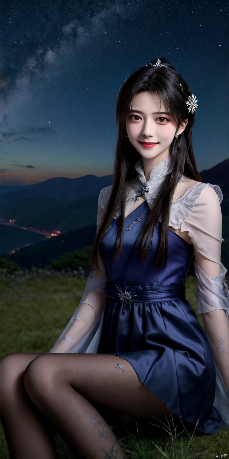  best quality, masterpiece, ,(Good structure), DSLR Quality,Depth of field,kind smile,looking_at_viewer,Dynamic pose, realistic ,
On the mountaintop, you can see the starry sky, and a beautiful girl is sitting on the grass. It is a masterpiece of a master, with stunning beauty, eye close-up, natural beauty, long legs, and short skirt, ,blackpantyhose, xiaqingyue