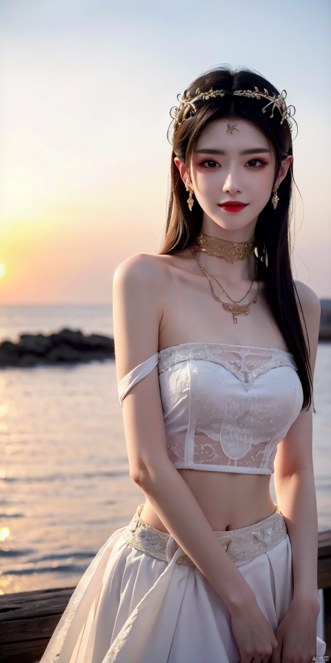  (Good structure),cowboy_shot, DSLR Quality,Depth of field ,looking_at_viewer,Dynamic pose, , kind smile,,
1girl, solo, long hair, , looking at viewer, skirt, hair ornament, bare shoulders, jewelry, , black hair, earrings, outdoors, midriff, water, necklace, lips, crop top, grey eyes, leaning forward, ocean, white skirt, strapless vest, sunset, sun, , , meidusha,  , weddingdress