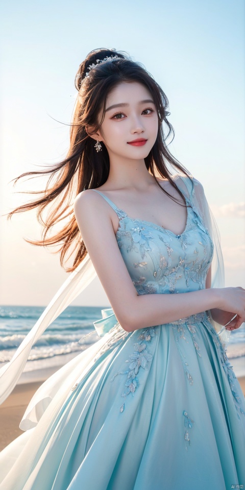  best quality, masterpiece, cowboy_shot,(Good structure), DSLR Quality,Depth of field,kind smile,looking_at_viewer,Dynamic pose, 
, Blue sky and white clouds on the beach,Masterpiece, (ultra wide angle lens: 1.2), Unity8k wallpaper, best quality, (detail shadow: 1.1), a beautiful girl, on a sea of light blue silk, translucent silk, floating light blue silk, surrealist style, minimalism, highly detailed texture, light blue, white clean background, CG rendering, light passing through clouds, 8k resolution, (motion photo: 1.2), (Fidelity: 1.4), original photos, movie lighting, 1girl,, ,,kind smile, , weddingdress, , guanxiaotong,