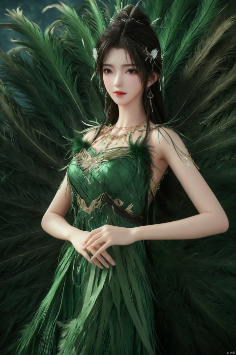  (Good structure), DSLR Quality,Depth of field ,looking_at_viewer,Dynamic pose, 1girl,a gorgeous long dress made of feathers,green feather,huge feathers,complex background,beautiful background,(feathers everywhere:1.3),depth of field level,qingyi,kind smile,looking_at_viewer,Dynamic pose