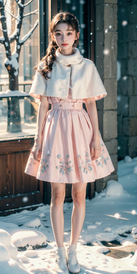  1 girl,Transparent skirt,pink face,stockings,(snow:1.2),(snowing:1.2),peach blossom,snow,solo,scarf,pink hair,smile,long hair,bokeh,realistic,long coat,blurry, captivating gaze, embellished clothing, natural light, shallow depth of field, romantic setting, dreamy pastel color palette, whimsical details, captured on film,. (Original Photo, Best Quality), (Realistic, Photorealistic: 1.3), Clean, Masterpiece, Fine Detail, Masterpiece, Ultra Detailed, High Resolution, (Best Illustration), (Best Shadows), Complex, Bright light, modern clothing, (pastoral: 1.3), smiling,standing,(very very short skirt:1.5),knee socks,(white shoes: 1.4),long legs, forest, grassland,(view: 1.3), 21yo girl, striped, , capricornus, 1girl, light master, Light master, ((poakl)), , heben, brown hair