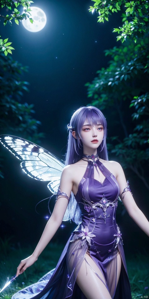  ((4k,masterpiece,best quality)), professional camera, 8k photos, wallpaper 1 girl, solo,purple hair,ethereal fairy, floating on clouds, sparkling gown with iridescent butterfly wings, holding a magic wand, surrounded by dancing fireflies, twilight sky, full moon, mystical forest in the background, glowing mushrooms, enchanted flowers, softly illuminated by bioluminescence, serene expression, delicate features with pointed ears, flowing silver hair adorned with tiny stars, gentle breeze causing her dress and hair to flow ethereally, dreamlike atmosphere, surreal color palette, high dynamic range lighting, intricate details, otherworldly aesthetic.
, hand