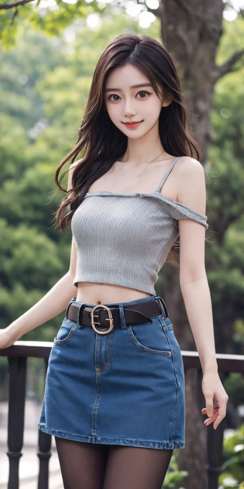  best quality, masterpiece, full_body,(Good structure), DSLR Quality,Depth of field,kind smile,looking_at_viewer,Dynamic pose,
 1girl, 3d, bare_shoulders, belt, blurry, blurry_background, blurry_foreground, branch, , , , collarbone, cosplay_photo, denim, denim_skirt, depth_of_field, , lips, long_hair, looking_at_viewer, midriff, miniskirt, motion_blur, navel, outdoors, photo_\(medium\), realistic, skirt, solo, standing, tree, , , , blackpantyhose, , , , , , angel