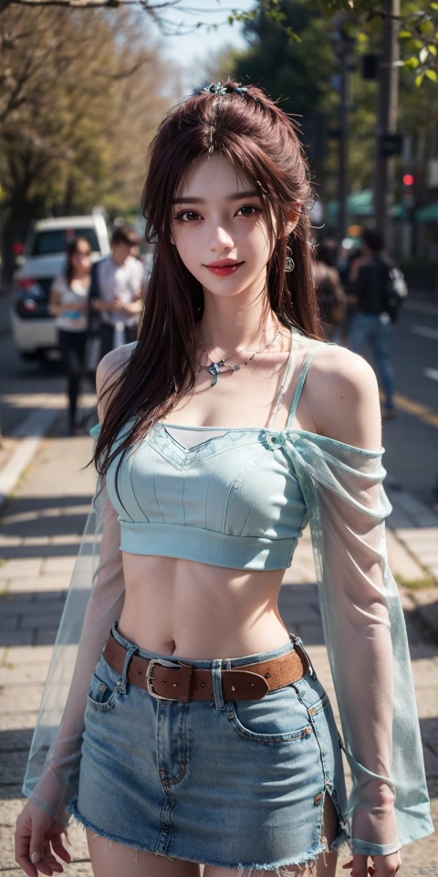  best quality, masterpiece, cowboy_shot,(Good structure), DSLR Quality,Depth of field,kind smile,looking_at_viewer,Dynamic pose,
 1girl, 3d, bare_shoulders, belt, blurry, blurry_background, blurry_foreground, branch, , , , collarbone, cosplay_photo, denim, denim_skirt, depth_of_field, , lips, long_hair, looking_at_viewer, midriff, miniskirt, motion_blur, navel, outdoors, photo_\(medium\), realistic, skirt, solo, standing, tree, , , , yeqinxian