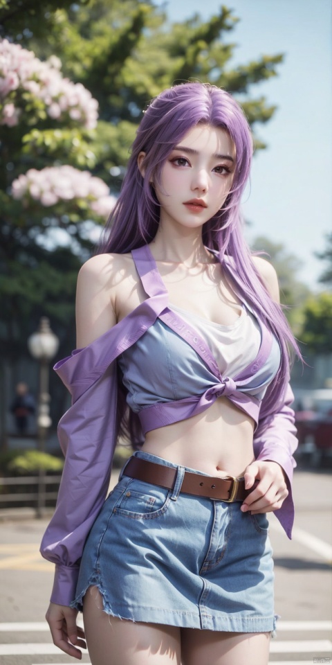  1girl, 3d, bare_shoulders, belt, blurry, blurry_background, blurry_foreground, branch, breasts, brown_eyes, brown_hair, collarbone, cosplay_photo, denim, denim_skirt, depth_of_field, hand_on_own_chest, lips, long_hair, looking_at_viewer, midriff, miniskirt, motion_blur, navel, outdoors, photo_\(medium\), realistic, skirt, solo, standing, tree, , yunxiao,purple_hair