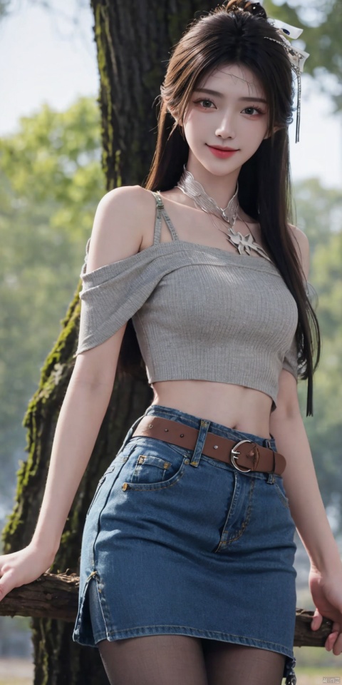 best quality, masterpiece, realistic,cowboy_shot,(Good structure), DSLR Quality,Depth of field,kind smile,looking_at_viewer,Dynamic pose, 
 1girl, 3d, bare_shoulders, belt, blurry, blurry_background, blurry_foreground, branch, , , , collarbone, *******_photo, denim, denim_skirt, depth_of_field, , lips, long_hair, looking_at_viewer, midriff, miniskirt, motion_blur, navel, outdoors, photo_\(medium\), realistic, skirt, solo, standing, tree, , , , blackpantyhose, , , , , , , , ,jinpinger