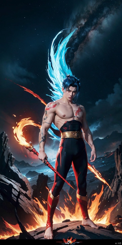  Get ready for a visual feast with Gohan having a handsome face and piercing red eyes, Brilliant blue hair and tattoos, Balanced character portraits and landscapes, and a perfect body. In his transformed state, He radiates extreme instinct and strength, Create an epic anime about this energy man. Fire and lava in stunning anime artwork will leave you in awe. This conceptual art is directly from the Universe, With manga-style 8K wallpapers that will take you to another dimension. Get ready to be amazed by this detailed digital anime artwork, Show the ultimate combination of style and strength., asuo,1boy