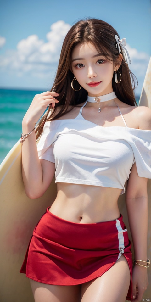 cowboy_shot,(Good structure), DSLR Quality,Short skirt,Blue sky, white clouds,(( surf,ocean,Surfboard, waves)),nai3, 1girl, solo, crop top, , choker, navel, shirt, midriff, crop top overhang, looking at viewer, white shirt, jewelry, breasts, bare shoulders, off-shoulder shirt, off shoulder, black choker, thighs, stomach, long hair, bracelet, short sleeves, ribbon, hand up, collarbone, hair ribbon, medium breasts, , bra strap, , hair ornament, thigh gap, necklace, expressionless, , ,kind smile, ,, huolinger