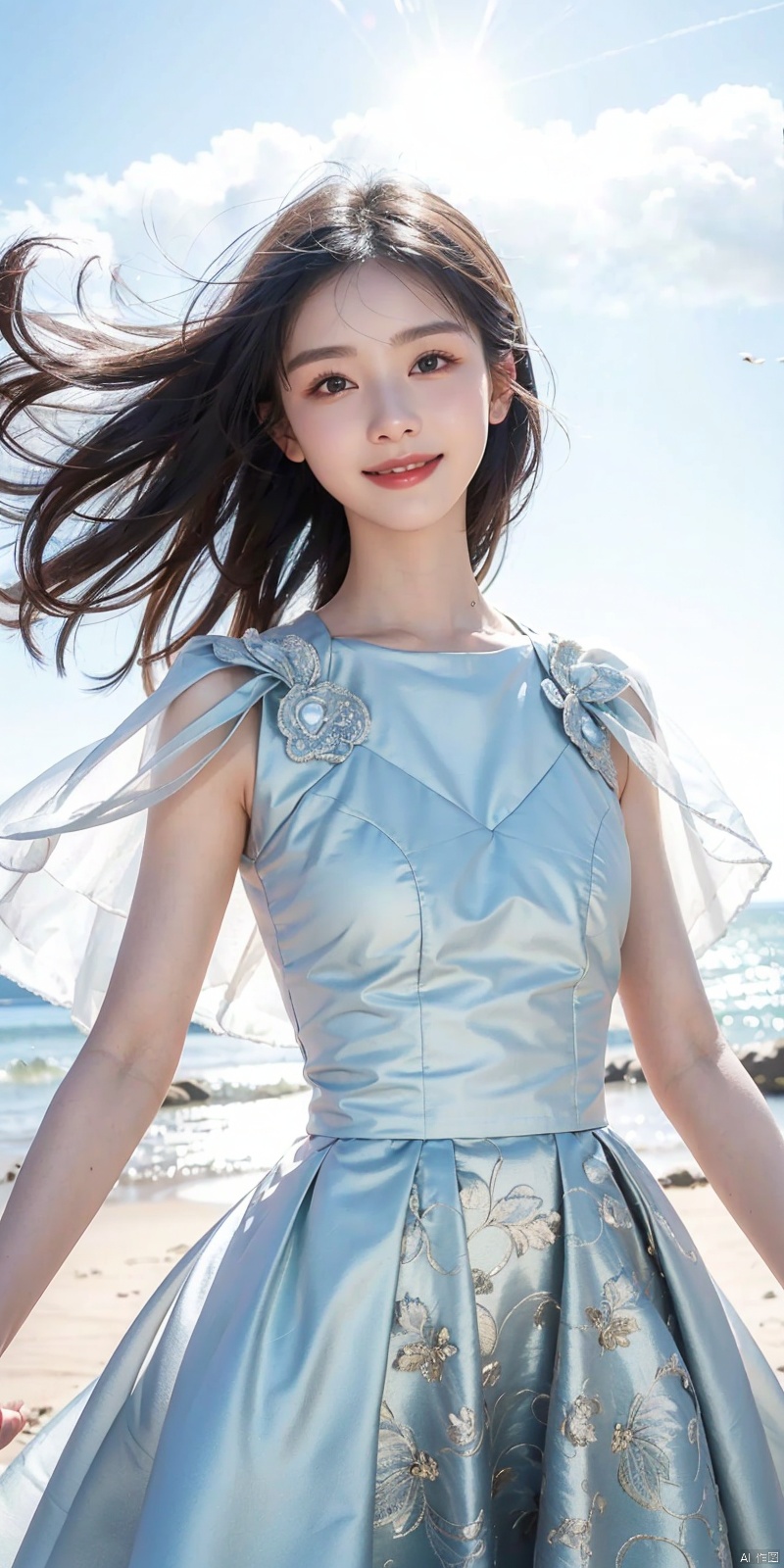  best quality, masterpiece, cowboy_shot,(Good structure), DSLR Quality,Depth of field,kind smile,looking_at_viewer,Dynamic pose, 
, Blue sky and white clouds on the beach,Masterpiece, (ultra wide angle lens: 1.2), Unity8k wallpaper, best quality, (detail shadow: 1.1), a beautiful girl, on a sea of light blue silk, translucent silk, floating light blue silk, surrealist style, minimalism, highly detailed texture, light blue, white clean background, CG rendering, light passing through clouds, 8k resolution, (motion photo: 1.2), (Fidelity: 1.4), original photos, movie lighting, 1girl,, ,,kind smile, , weddingdress, , duling