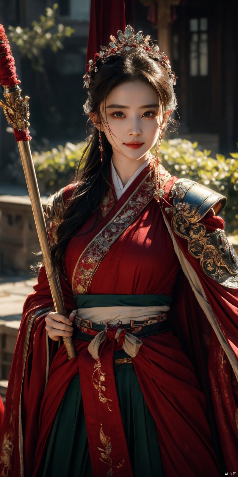 best quality, masterpiece, realistic,cowboy_shot,(Good structure), DSLR Quality,Depth of field,kind smile,looking_at_viewer,Dynamic pose, 
, 1girl,Wearing a jade crown, shining silver armor, a. Treading towards the sky with   tendon boots; Wearing a crimson cloak on her shoulders, carrying a three foot green blade on her waist, and carrying an iron tire bow on her back, coupled with her tall figure and resolute expression,Facing the camera, liuyifei,  