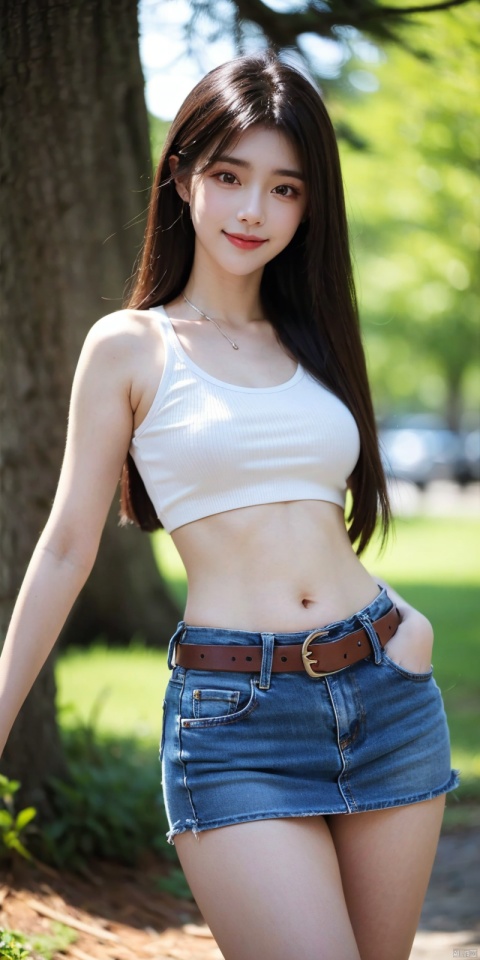  best quality, masterpiece, cowboy_shot,(Good structure), DSLR Quality,Depth of field,kind smile,looking_at_viewer,Dynamic pose,
 1girl, 3d, bare_shoulders, belt, blurry, blurry_background, blurry_foreground, branch, , , , collarbone, cosplay_photo, denim, denim_skirt, depth_of_field, , lips, long_hair, looking_at_viewer, midriff, miniskirt, motion_blur, navel, outdoors, photo_\(medium\), realistic, skirt, solo, standing, tree, , , , , yuechan