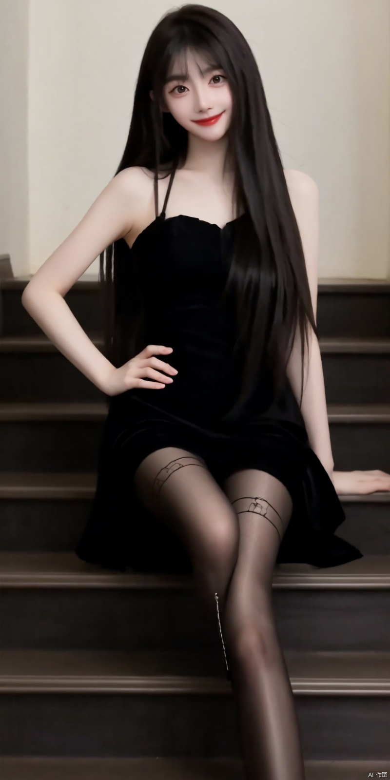  best quality, masterpiece, realistic ,(Good structure), DSLR Quality,Depth of field,kind smile,looking_at_viewer,Dynamic pose, 
1girl, solo, long hair, breasts, black hair, dress,  ,  , sitting, pantyhose, shoes, , see-through, hand on hip, , lipstick, stairs, sitting on stairs,  , , ,  , , fangfang