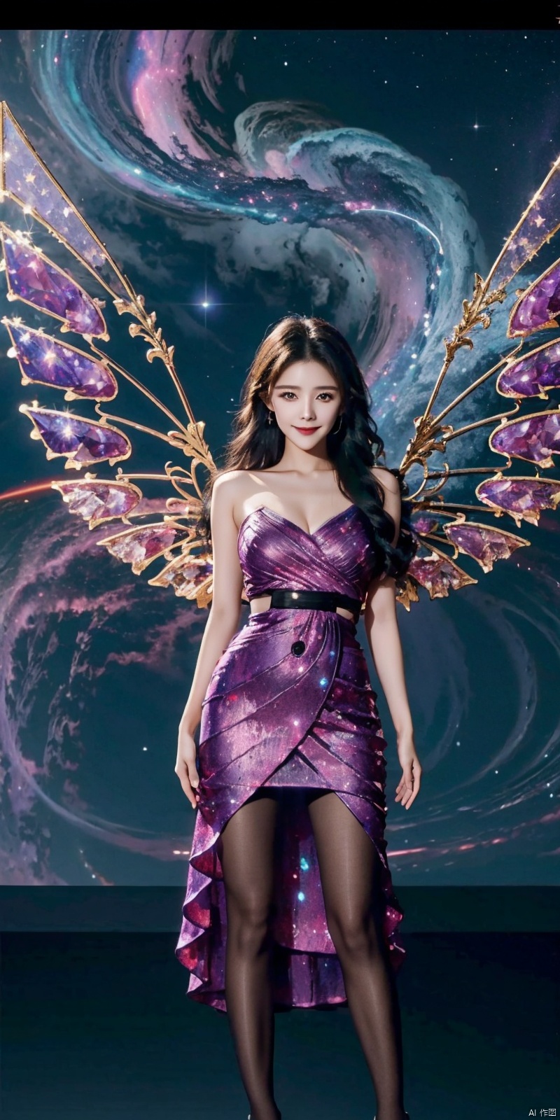  (Good structure), DSLR Quality,Depth of field,kind smile,looking_at_viewer,Dynamic pose, 1girl, wings, solo, nebula wings, breasts, , long hair, navel, dress, pink wings, looking at viewer, star , , , bare shoulders, sky, starry sky, collarbone, realistic, nebula, ((poakl)),,, purple dress, blackpantyhose, babata,blue_hair