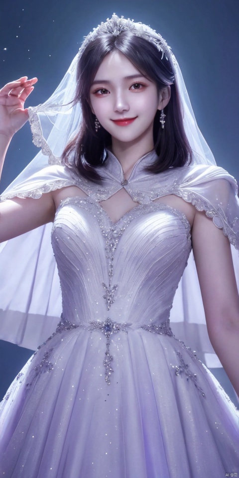  best quality, masterpiece, cowboy_shot,(Good structure), DSLR Quality,Depth of field,kind smile,looking_at_viewer,Dynamic pose, 
A chinese girl,Stunning crystal wedding dress cape, lavender, magic, soft lighting effects, blue dream background, octane rendering, surreal, HD 16K-AR, weddingdress, xuxin,