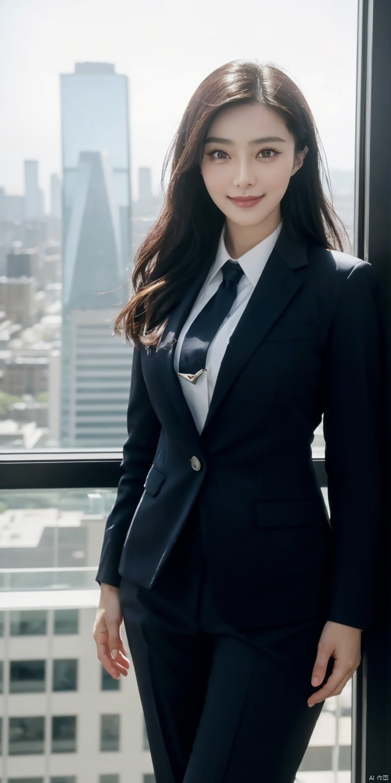  best quality, masterpiece, cowboy_shot,(Good structure), DSLR Quality,Depth of field,kind smile,looking_at_viewer,Dynamic pose, 
Modern businesswoman, dressed in a sleek suit and tie, posing confidently in a modern office setting, cityscape view through the window, focused expression, powerful pose, professional attire, realistic lighting, sharp focus., fanbing