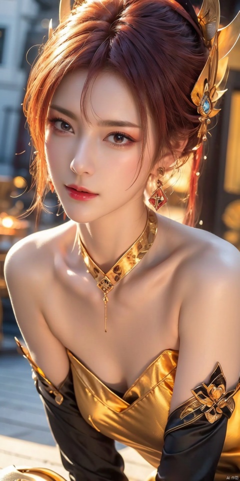 best quality, masterpiece, (cowboy shot),(Good structure), DSLR Quality,Depth of field,kind smile,looking_at_viewer,Dynamic pose, 
 1girl,Bangs, off shoulder, colorful_hair, ((colorful hair)), yellow eyes,  , necklace, earrings, floating hair, jewelry, sleeveless, very long hair,Looking at the observer, parted lips, pierced,energy,electricity,magic, ,sssr, , (gold armor),   yefei,red_hair