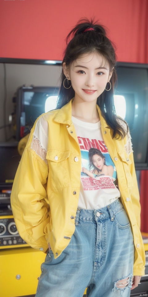  80sDBA style, fashion, (magazine: 1.3), (cover style: 1.3),Best quality, masterpiece, high-resolution, 4K, 1 girl, smile, exquisite makeup,shirt,jean,jacket , lace, tv,boombox
,, , ,  , yunv