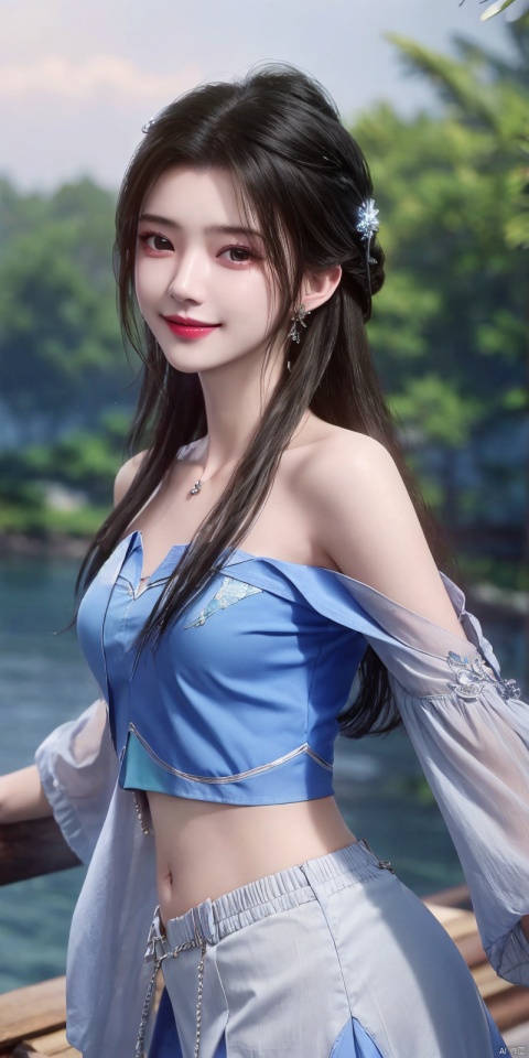  best quality, masterpiece, realistic,cowboy_shot,(Good structure), DSLR Quality,Depth of field,kind smile,looking_at_viewer,Dynamic pose, 
1girl, solo, long hair, , looking at viewer, skirt, hair ornament, bare shoulders, jewelry, , black hair, earrings, outdoors, midriff, water, necklace, lips, crop top, grey eyes, leaning forward, ocean, white skirt, strapless vest, sunset, sun, , ,  , limuwan