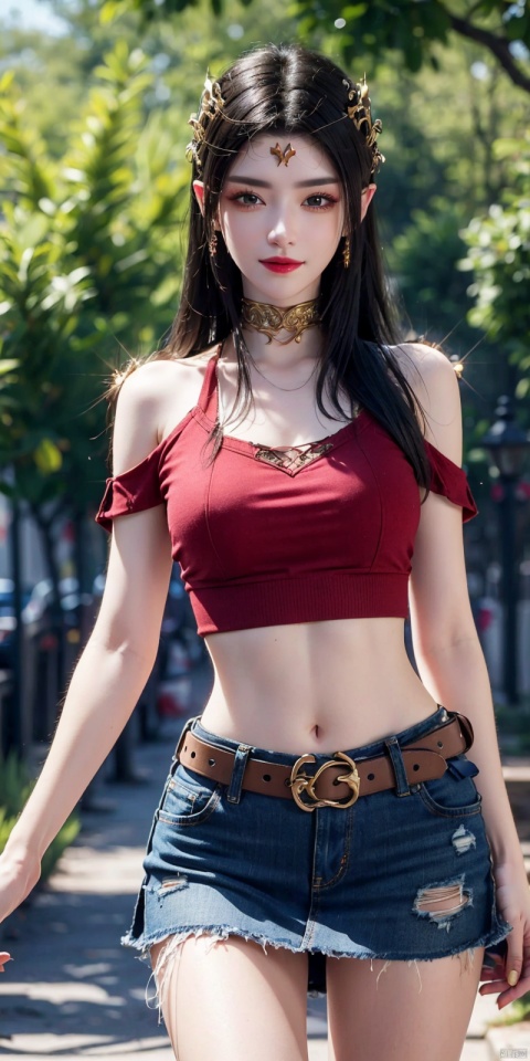  best quality, masterpiece, cowboy_shot,(Good structure), DSLR Quality,Depth of field,kind smile,looking_at_viewer,Dynamic pose,
 1girl, 3d, bare_shoulders, belt, blurry, blurry_background, blurry_foreground, branch, , , , collarbone, cosplay_photo, denim, denim_skirt, depth_of_field, , lips, long_hair, looking_at_viewer, midriff, miniskirt, motion_blur, navel, outdoors, photo_\(medium\), realistic, skirt, solo, standing, tree, , , , , , meidusha