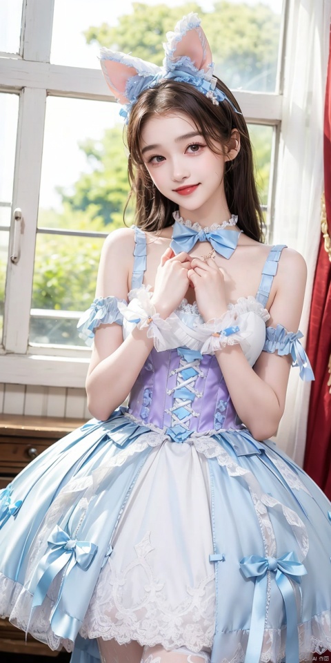  (Good structure), DSLR Quality,Depth of field,kind smile,looking_at_viewer,Dynamic pose, ,(wariza),,Girl, bare shoulders, , boobs, bow tie, ,purple eyes, cat ears, collar, ((Lolita Dress: 1.4)) , blue and white Lolita dress, wrinkled leg outfit, hand-held, lips, nose, shoulders, , alone, long_hair, kind smile, looking at the audience, white leg costume, wrist cuffs, 1girl,,looking_at_viewer, , lolidress  , guanxiaotong