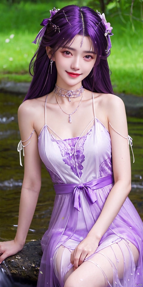best quality, masterpiece, realistic,cowboy_shot,(Good structure), DSLR Quality,Depth of field,kind smile,looking_at_viewer,Dynamic pose, 
1girl, solo, long hair, breasts, looking at viewer, bangs,   hair ornament, dress, ribbon,  , bare shoulders, twintails, jewelry, medium breasts, sitting, very long hair, purple eyes, collarbone, hair ribbon, purple hair, flower, thighs, earrings, outdoors, parted lips, sleeveless, choker, hand up, hair flower, water,  white dress, bare arms, petals,  , sleeveless dress, black choker, short dress, frilled dress, white flower, purple ribbon, spaghetti strap,
 ,purple hair,  , yunxi