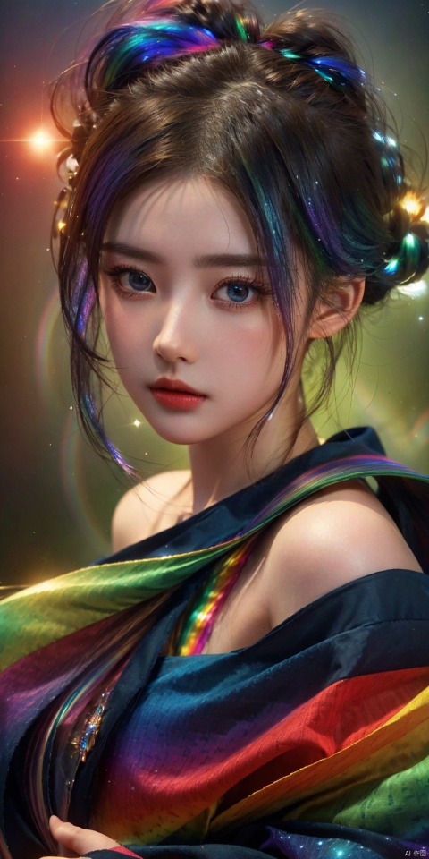  ((extremely detailed CG)),((8k_wallpaper)),(((masterpiece))),((best quality)),((beautiful detailed starry sky)),
cinmatic lighting,loli,princess
,very long rainbow hair,looking at viewer,
,frills,(far from viewer),((extremely detailed face)),((an extremely delicate and beautiful girl)),((extremely detailed  face)),
((extremely detailed eyes)),(((extremely detailed body))),(ultra detailed),illustration,((bare stomach)),((bare shoulder)),
small breast,((sideboob)),((((floating and rainbow hair)))),(((Iridescence and rainbow hair))),(((extremely detailed sailor dress))),((((Iridescence and rainbow dress)))),(Iridescence and rainbow eyes),beautiful detailed hair,
beautiful detailed dress,dramatic angle,expressionless,(big top sleeves),frills,blush,(ahoge), sky, liuyifei, ((poakl))