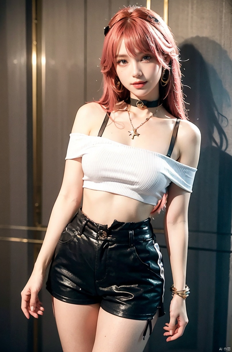  nai3, 1girl, shorts, solo, crop top, black shorts, choker, navel, shirt, midriff, crop top overhang, looking at viewer, white shirt, jewelry, breasts, cowboy shot, bare shoulders, short shorts, off-shoulder shirt, off shoulder, black choker, thighs, stomach, hand on own thigh, long hair, bracelet, short sleeves, ribbon, hand up, collarbone, hair ribbon, medium breasts, standing, high-waist shorts, dolphin shorts, bra strap, closed mouth, hair ornament, thigh gap, bangs, necklace, expressionless,,,,long_hair,kind smile, yae miko,pink hair