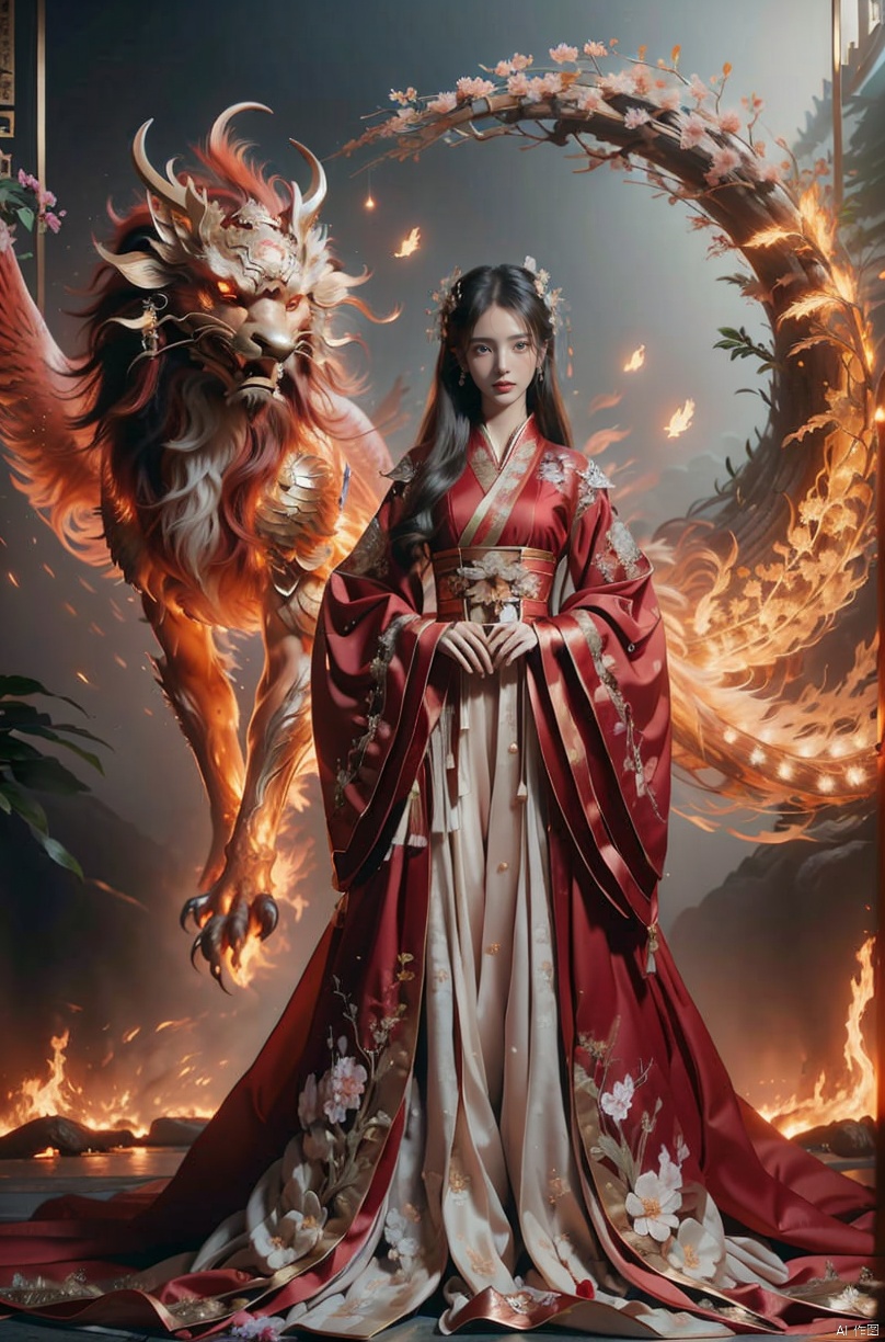  (Masterpiece), (Best Quality), (Super Detailed), 1 girl standing in front of the phoenix, solo. Dress, Chinese clothing, blooming valley, phoenix, flames emanating from the phoenix's body. In the sky, clouds float like marshmallows. High quality fantasy art, surrounded by blooming flowers. Contrast, extraordinary aesthetics, the best quality, magnificent artworks, (illustrations), extremely exquisite and beautiful, Tindell effect, Greg Rutkowski and Midtravel's ultra fine, complex, and realistic paintings. Popular digital art masterpieces on DeviantArt and Artstation., sparkling dress, 1girl,police, jinchen, BY MOONCRYPTOWOW, Detail, chineseclothes,HALO