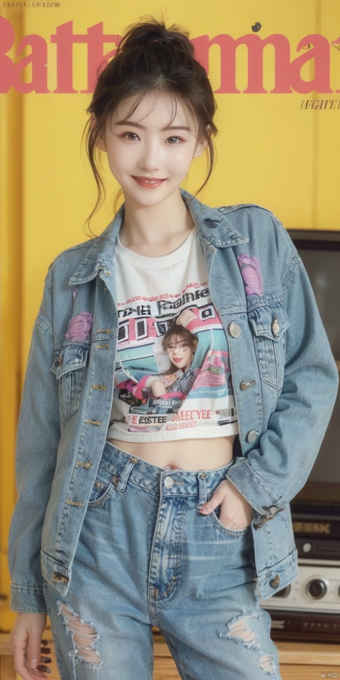  80sDBA style, fashion, (magazine: 1.3), (cover style: 1.3),Best quality, masterpiece, high-resolution, 4K, 1 girl, smile, exquisite makeup,shirt,jean,jacket , lace, tv,boombox
,, , ,  , yunv