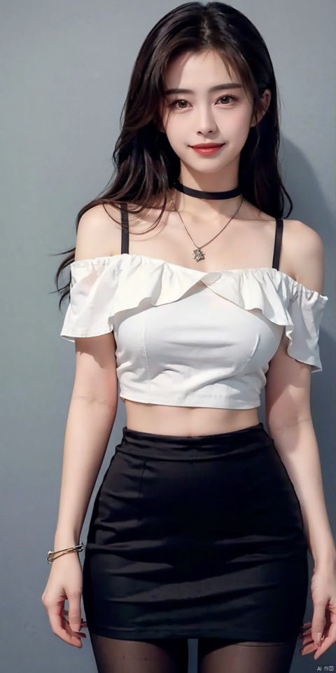 nai3, 1girl, shorts, solo, crop top, choker, pencil skirt, skirt, , navel, shirt, midriff, crop top overhang, looking at viewer, white shirt, jewelry, breasts, cowboy shot, bare shoulders,  off-shoulder shirt, off shoulder, black choker, thighs, stomach, hand on own thigh, long hair, bracelet, short sleeves, ribbon, hand up, collarbone, hair ribbon, medium breasts, standing, , , bra strap, kind smile, hair ornament, thigh gap, bangs, necklace, expressionless,, , , blackpantyhose, wangzuxian