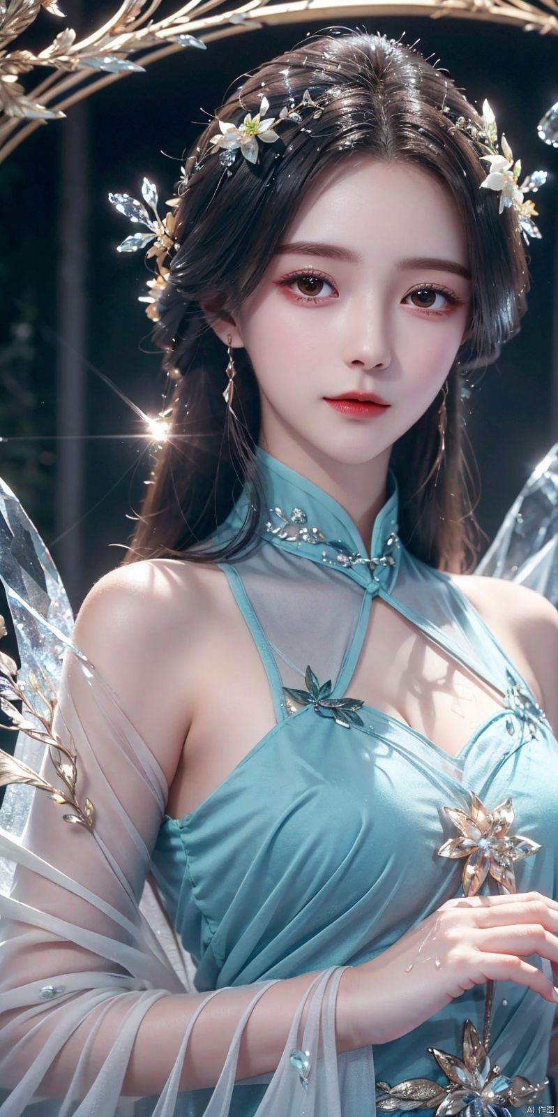  1girl,hanfu,,((water drops)),wet clothes,((beautiful detailed water)),((floating)),dynamic angle,(((crystals texture Hair))),((beautiful detailed glass hair)),((glass shaped texture hand)),((crystallize texture body)),gem body,hands as clear as jewels,crystallization of clothes,((crystals texture skin)),sparkle,lens flare,light leaks,broken glass,detailed glass shaped clothes,beautiful detailed gemstone sky,gemstone sea,crystals texture flowers,((detailed crystallized clothing)),beautiful detailed glow, (detailed ice), beautiful detailed water, ruhua, , ((poakl)), liushen,kind smile,looking_at_viewer