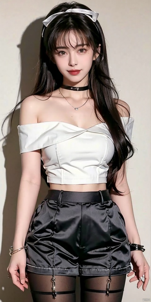  nai3, 1girl, shorts, solo, crop top, choker, pencil skirt, skirt, , navel, shirt, midriff, crop top overhang, looking at viewer, white shirt, jewelry, breasts, cowboy shot, bare shoulders, off-shoulder shirt, off shoulder, black choker, thighs, stomach, hand on own thigh, long hair, bracelet, short sleeves, ribbon, hand up, collarbone, hair ribbon, medium breasts, standing, , , bra strap, kind smile, hair ornament, thigh gap, bangs, necklace, expressionless,, , , blackpantyhose, wangzuxian