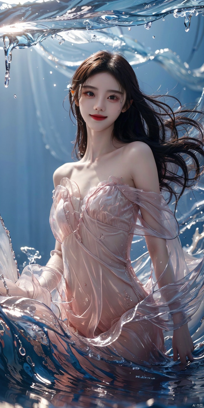  best quality, masterpiece, cowboy_shot,(Good structure), DSLR Quality,Depth of field,kind smile,looking_at_viewer,Dynamic pose, 
(ice art, translucent forms, ephemeral beauty, crystalline textures, delicate craftsmanship, chilling allure),sea,wave,liquid clothes,dress, water dress,,pose for picture,long_hair,kind smile,, liquid clothes, , sd mai, , jujingyi