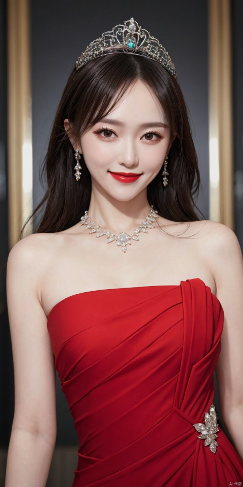  best quality, masterpiece, full_body,(Good structure), DSLR Quality,Depth of field,kind smile,looking_at_viewer,Dynamic pose, 
tangyan, 1girl, solo, realistic, dress, tiara, jewelry, black hair, earrings, lipstick, makeup, red lips, blurry, upper body