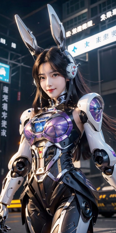  (Masterpiece, best picture quality), Cyberpunk, girl, rabbit ears,((metal and transparent shell | splicing robot)), transparent belly:1.1, metal spine:1.2, ircraft background, dynamic,perspective, xiaowu, 1 girl, asuo, Mech Combat Vehicle, WLJZ, robot, Super perspective, mecha, huolinger,kind smile